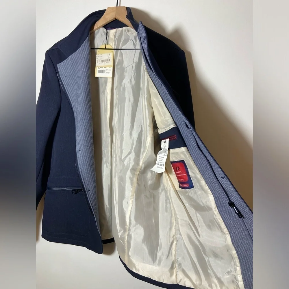 RNT23 Blazer Jacket Mens Size 46 Denim Leather Trim Full Zip Sport Coat NWT $259
